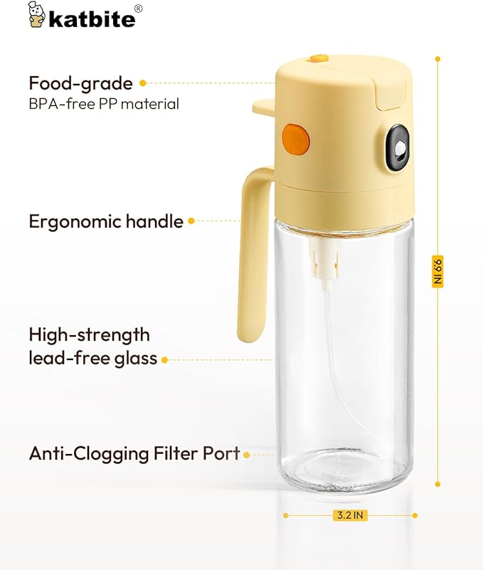 katbite 2 in 1 Oil Sprayer & Pour for Cooking, 18.6 oz(550ml) Glass Olive Oil Dispenser Bottle, One-Touch Open Lid, Non-Drip Leak-Proof Design, Fine Mist(0.5g/Spray) for Air Fryer, Salad, Yellow