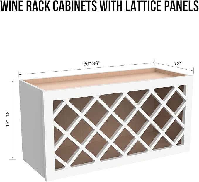 Solid Wood RTA Wine Bottle Rack and Wall Cabinet with Lattice Panels - Wine Storage for Bar, Pantry, and Basement - Mocha (Origami White, 30'W 12'D 18'H)