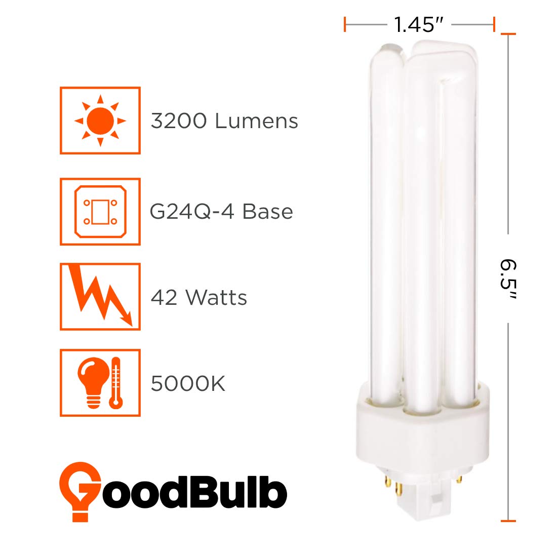 42 Watt Cfl Light Bulbs | 4 Pin Gx24Q-4 Base 5000K Daylight | 42W High Output 3200 Lumens | Triple Tube Compact Fluorescent Light Bulbs Plug-In | Car Dealership Lighting | 10 Pack By Goodbulb