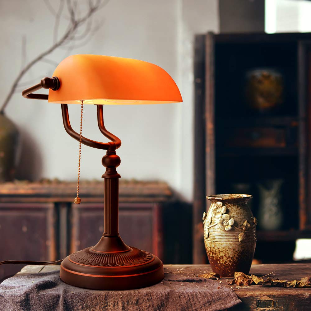 Newrays Glass Bankers Desk Lamp, Classic Size, Pull Chain Switch, Orange, Model T9009