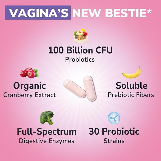 Probiotics for Women 30 Strains, 100 Billion CFU Vaginal Probiotics with Digestive Enzymes, Prebiotics & Cranberry for Urinary Tract Health, pH Balance, 30 Veggie Capsules