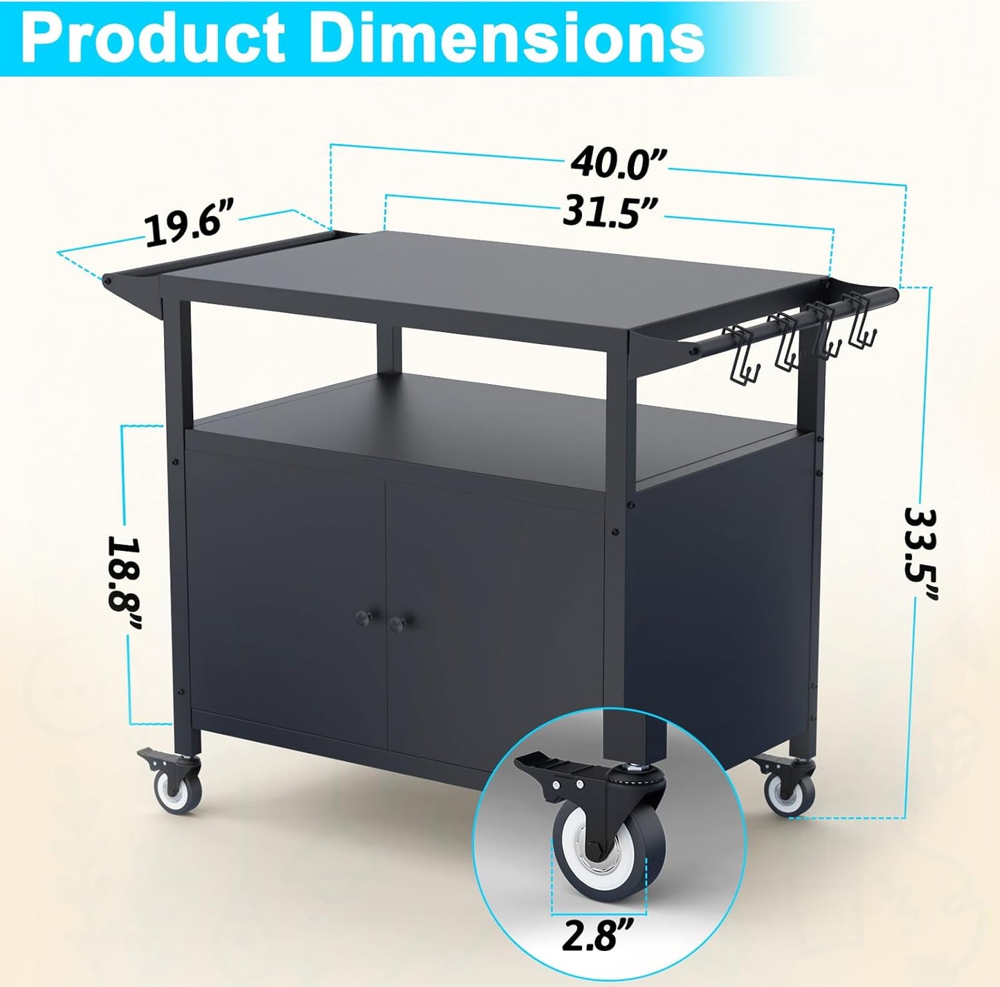 Outdoor Grill Table with Storage, Movable Grill Cart, Outdoor Kitchen Island Prep Stand Station,Blackstone Griddle Stand, BBQ Serving Cart Rolling Bar Cart with 4 Utensil Hooks