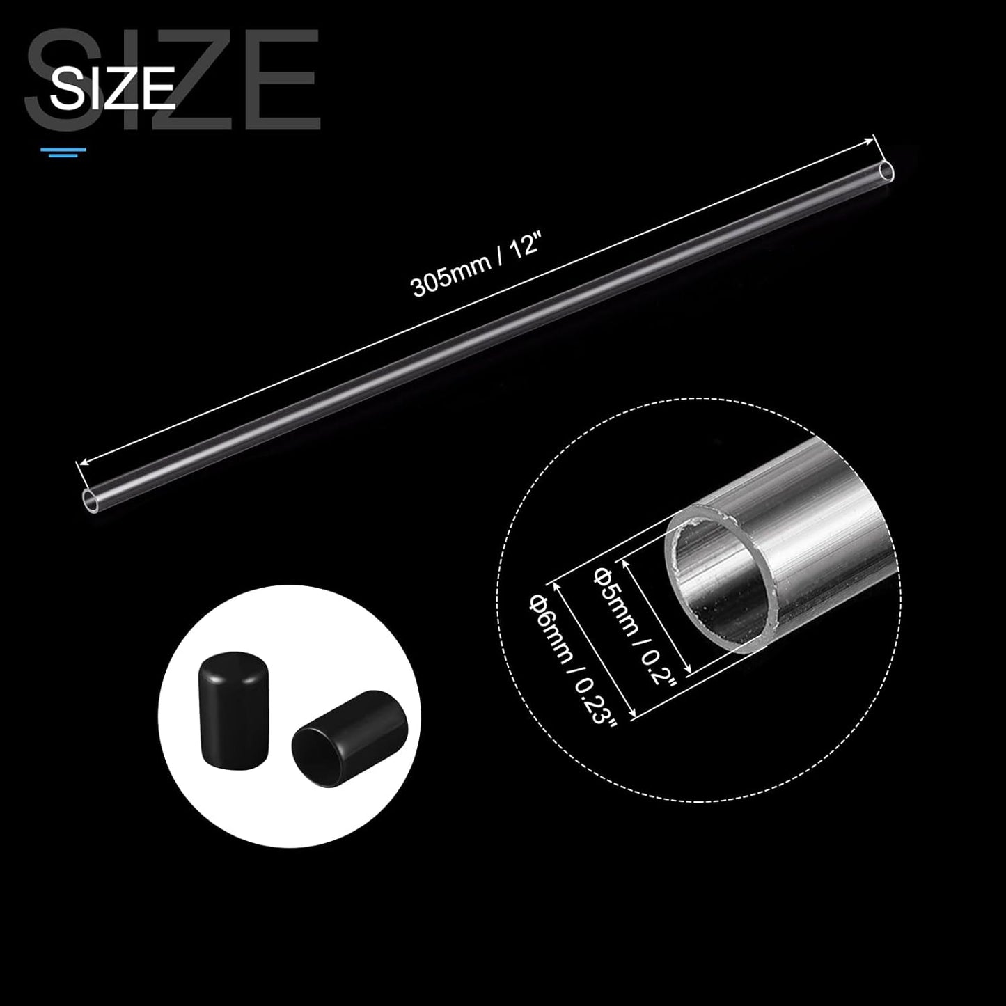 PATIKIL Clear Rigid Tube Round Plastic Tubing with Black Rubber Caps Polycarbonate Water Pipe, 305mm/ 12 Inch Length, 5mmx6mm/0.2"x0.23", 2 Set