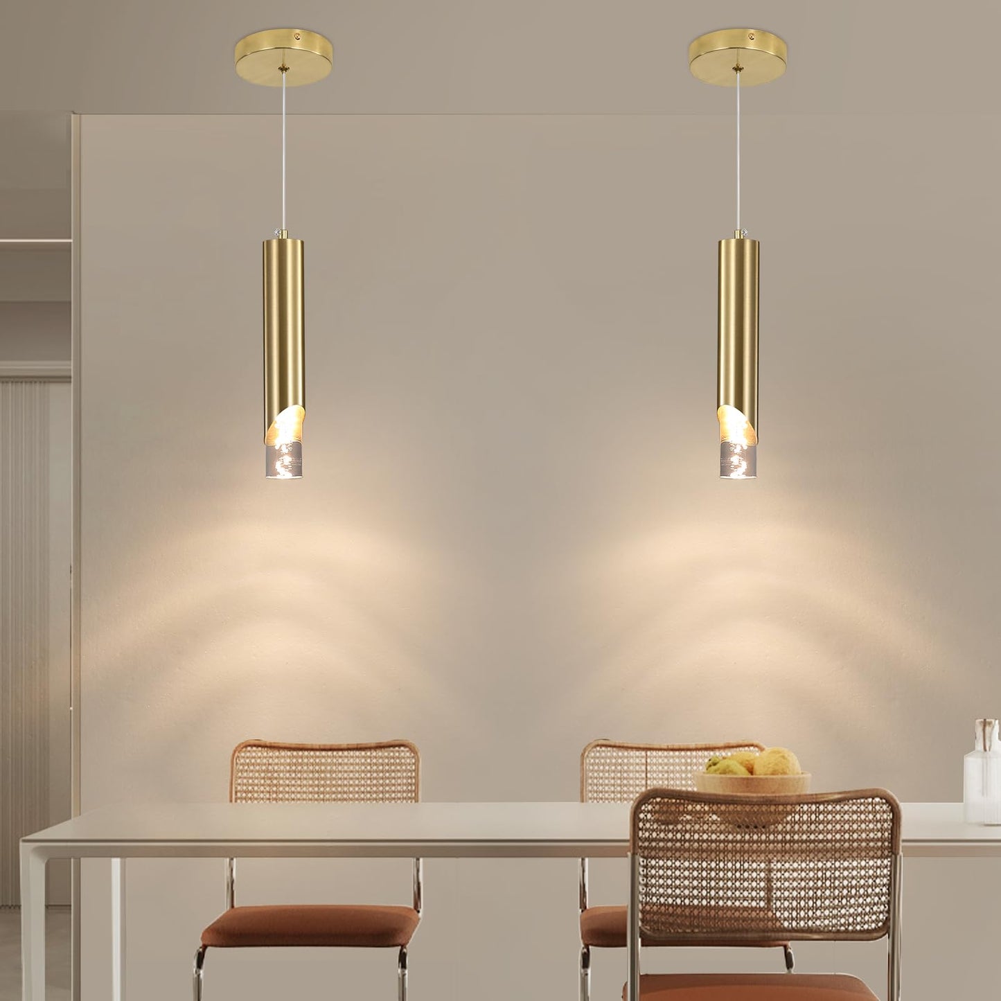 2 Pack Modern Gold Pendant Light Fixture  Acrylic Bubble Cylinder Hanging Lights  3 Color Temperatures  Minimalist Ceiling Chandelier Lighting For Dining Room  Bedroom  Hallway  Bar  Kitchen Island