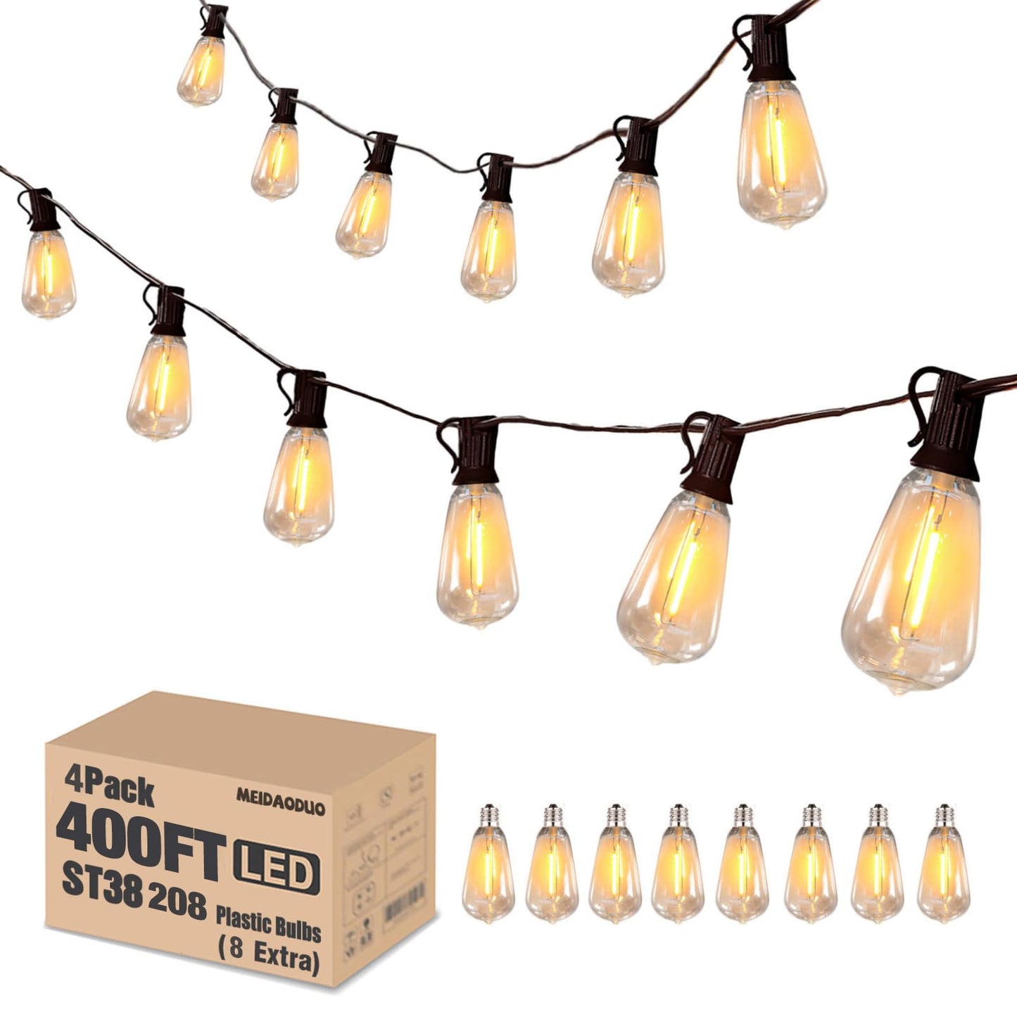 Meidaoduo LED Outdoor Edison String Lights 400FT 200+8 ST38 Bulbs Waterproof Black Plastic Connectable for Patio Garden