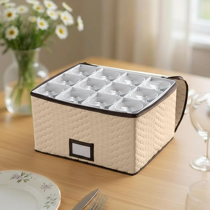 Wine Glass Storage Box with Dividers - Stemware Storage Case, Durable Quilted Microfiber Bin with Carry Handles, Protects Fine China - Durable Quilted Microfiber Bin with Carry Handles (2 Pack, Red & White Wine Glass)