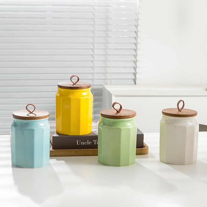 Ceramic Canister Sets for Kitchen Counter, 4-Piece Food Airtight Storage Jars for with Wood Lid, Storage Container for Coffee, Flour, Tea, Candy, Cookie, Spice