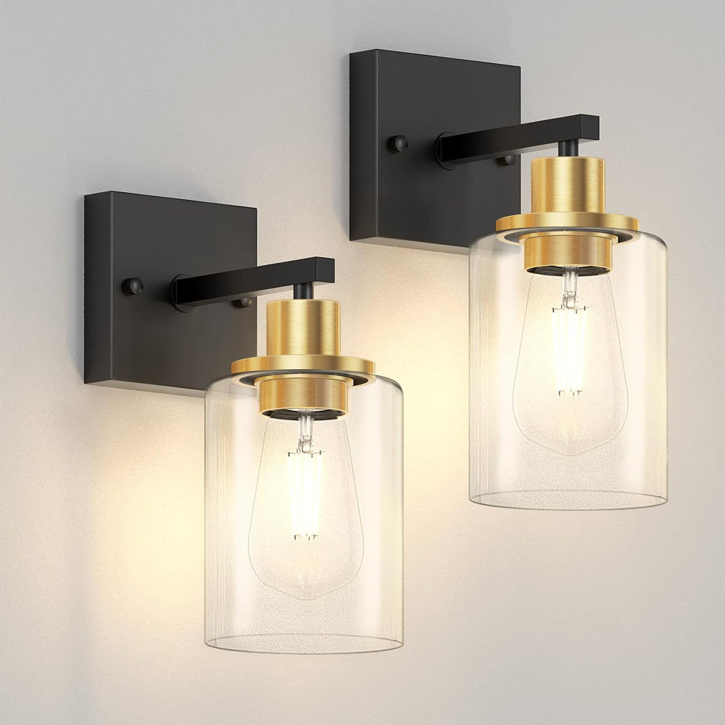 Licperron Wall Sconces Set Of 2, Black & Gold Matte Fixtures With Clear Glass Shade, Model Bg-Glass-Sconce, For Bathroom & Living Room