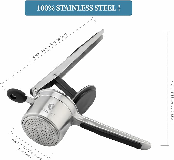 Potato Ricer Stainless Steel by DOERVISIT – Potato Ricer with catches that ensure the Fineness Discs will not dislodged when the handle is lifted up.