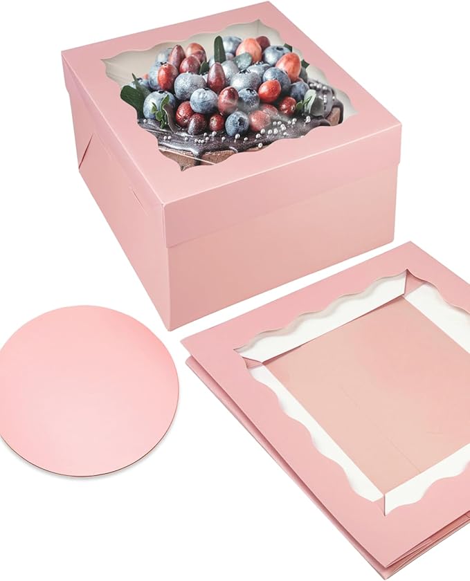 qiqee Pink 10x10x8 Cake Box, 18 Sets Cake Box with Window ＆ 18 Sets 10" Cake Round Boards, 10inch Cake Containers, 10 Meters Pink Silk Ribbon Includes