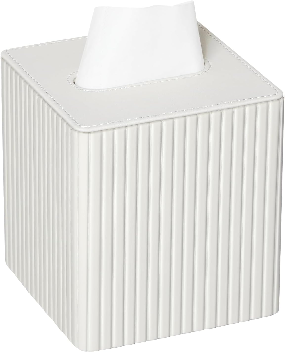 PU Leather Tissue Box Cover Square Tissue Box Holder with Magnetic Closure (Ivory Stripe)