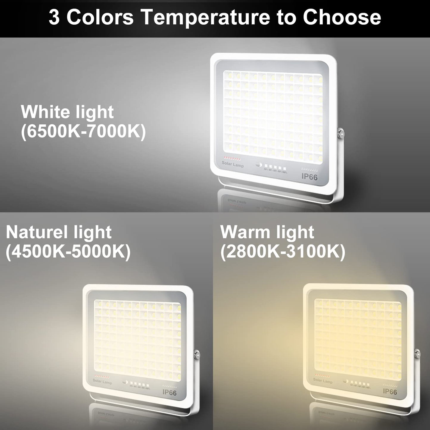 Dawumt Solar LED Flood Lights Set, 300W Dimmable, 3000K-7000K, Remote Control, IP66 Waterproof, White