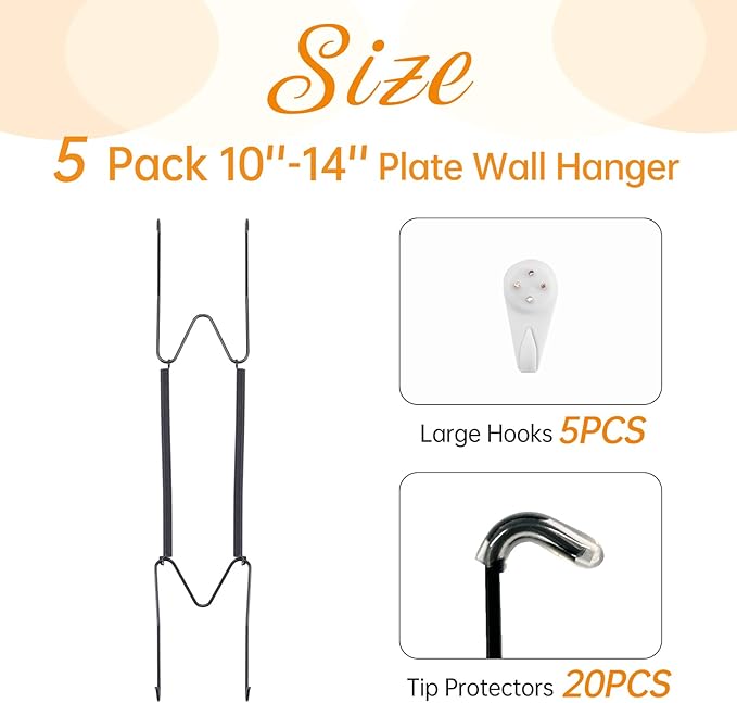 5 Pack Plate Hangers for The Wall, Suitable for 10-14 inch Art Plate, Stainless Steel Invisible Heavy Duty Wire Plate Holder with Wall Hooks, Plate Hangers for Displaying Plates, Platter, Dish, Black