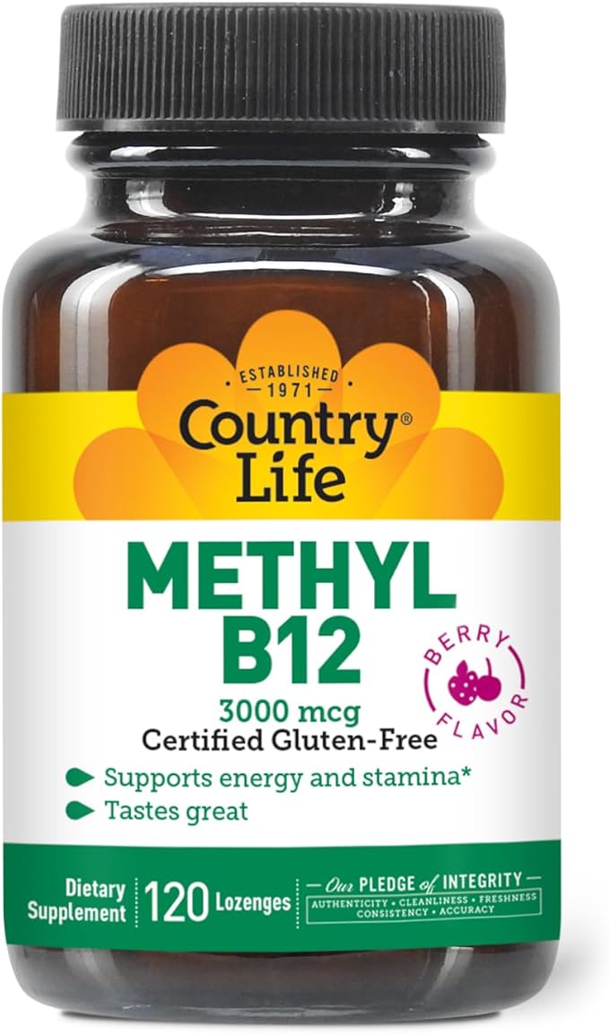 Country Life Methyl B-12 3000 mcg Lozenges, Vegan, Methylcobalamin for Energy and, Easily Absorbed, B12 Vitamin, Supports Energy Levels, Stamina & Metabolism, 120 Count