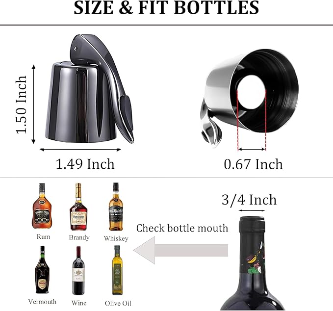 Pafusen Wine Stoppers Set of 2, Stainless Steel Wine Bottle Stopper with Silicone Seal, Reusable Wine Freshness Keep, Wine Saver Wine Bottle Sealer Stopper, Wine Accessories (Black)