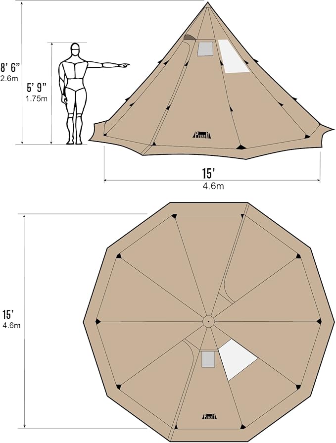 Preself 4~6 Person Tipi Hot Tent T3 XL with Screen Window, Height 8' 6" 2.6m, Diameter 15' 4.6m, for Wood Buring Stove Bushcraft Family Camping Hunting Fishing