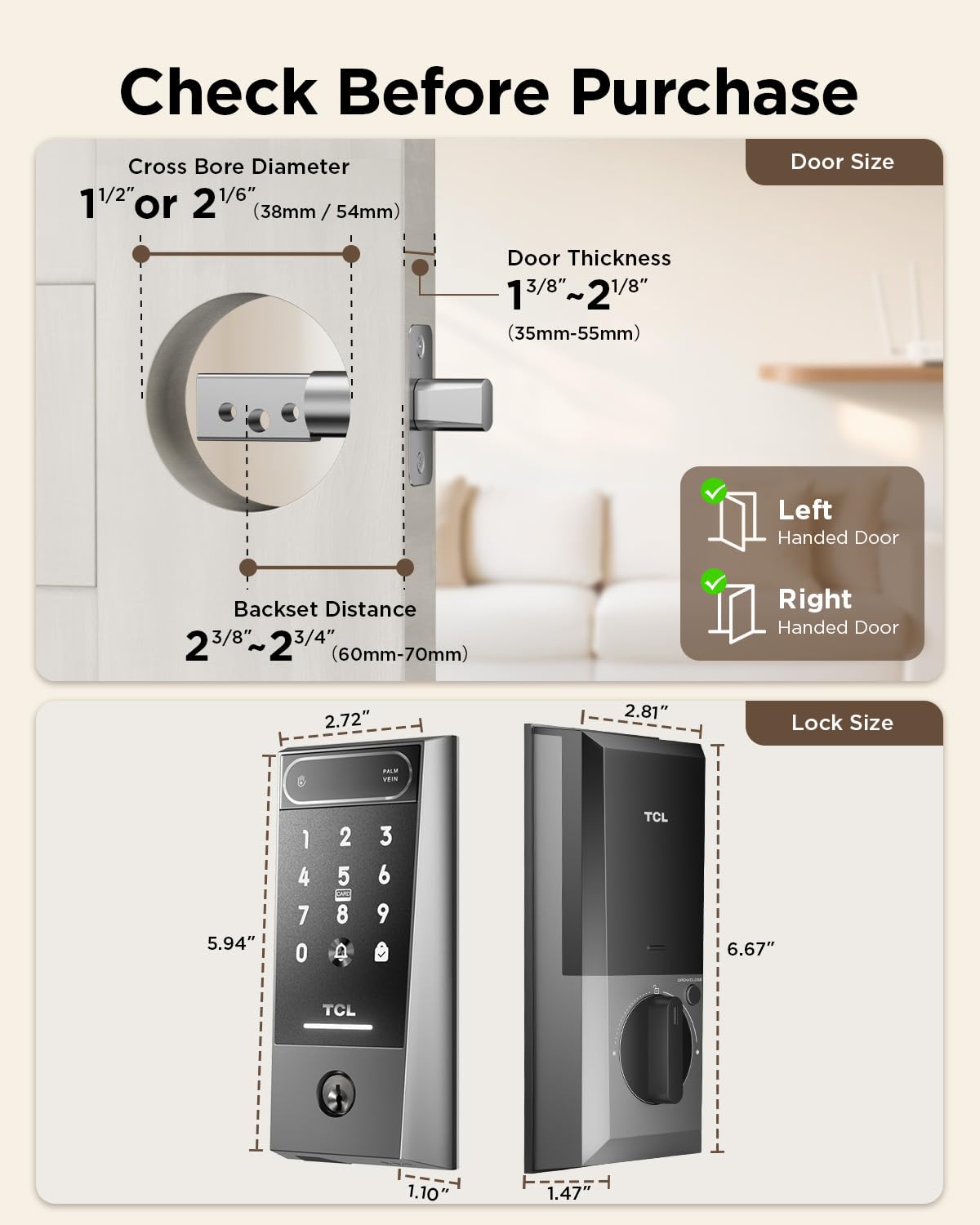 TCL D2 Pro Smart Lock with Palm Vein Recognition, Wi-Fi Keyless Entry Deadbolt Door Lock, Built-in Doorbell, IP55 Waterproof, 10000mAh Rechargeable Battery, Auto Lock for Front Door (Dark Grey)