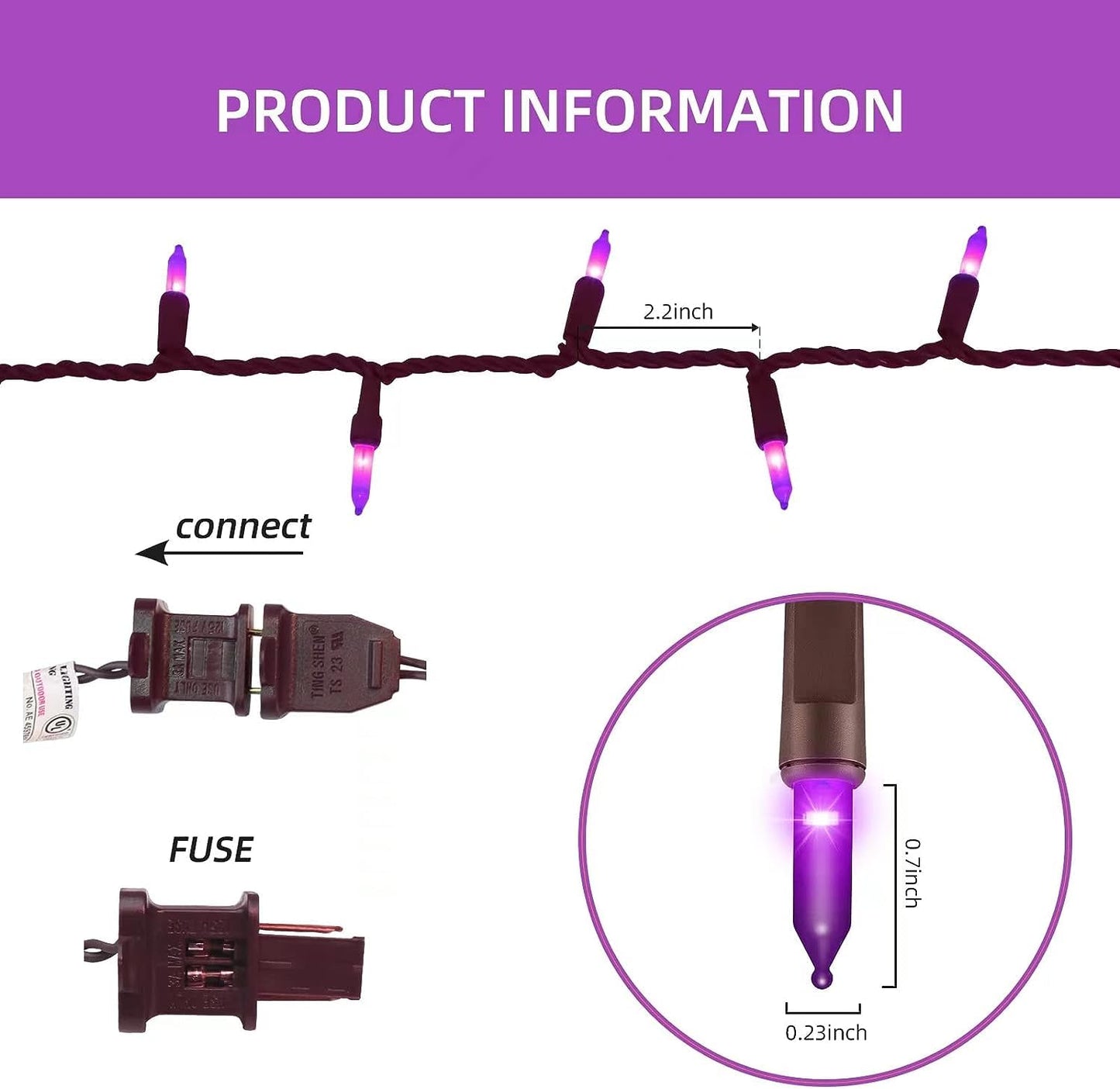 XMASHOME Halloween String Lights, 100 Count, Brown Wire, Purple, Incandescent, Model HP-100-2/SB