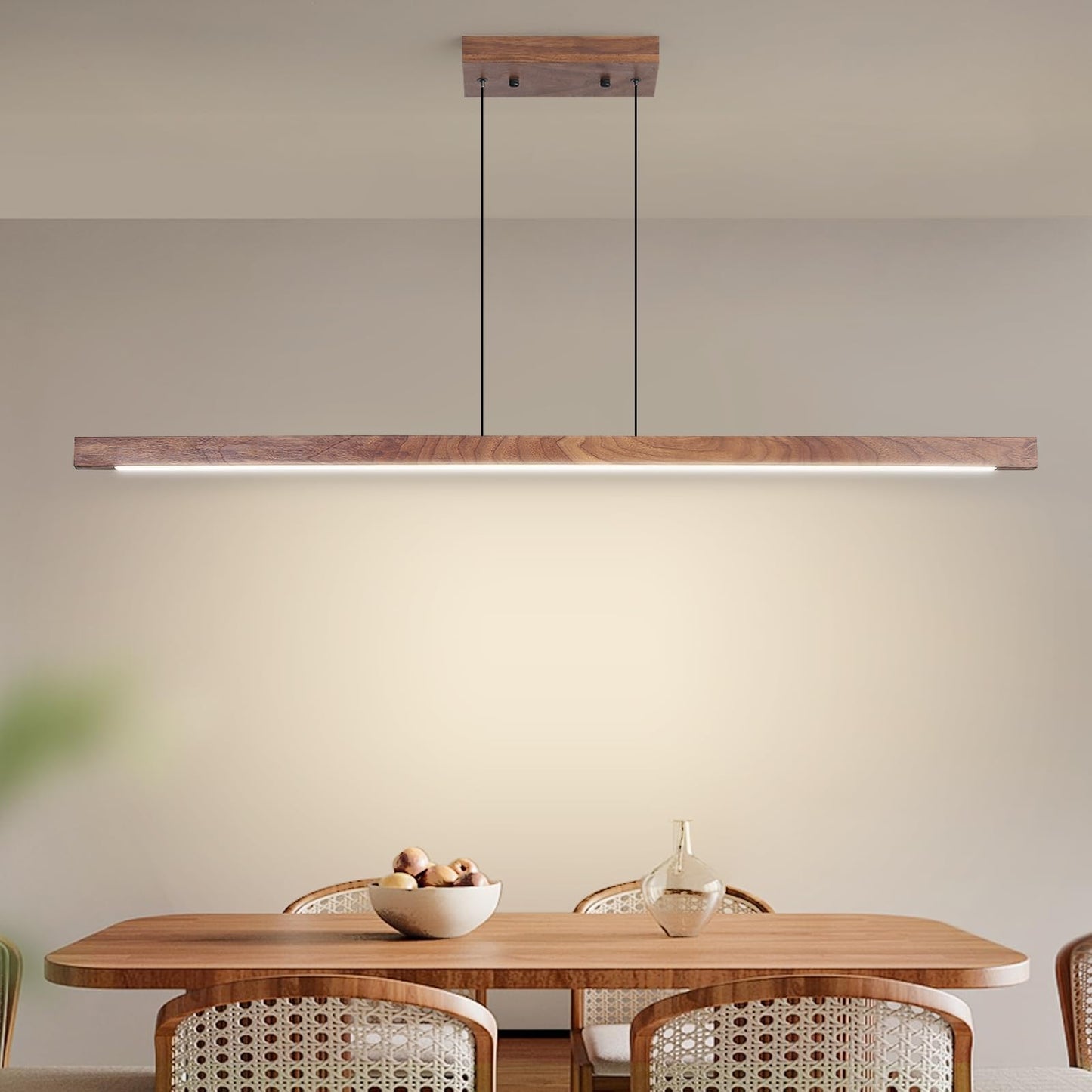 Mikeru Modern Wooden Pendant Light, 47IN Walnut Chandelier, Aluminum, Remote Control, Adjustable Color Temperature