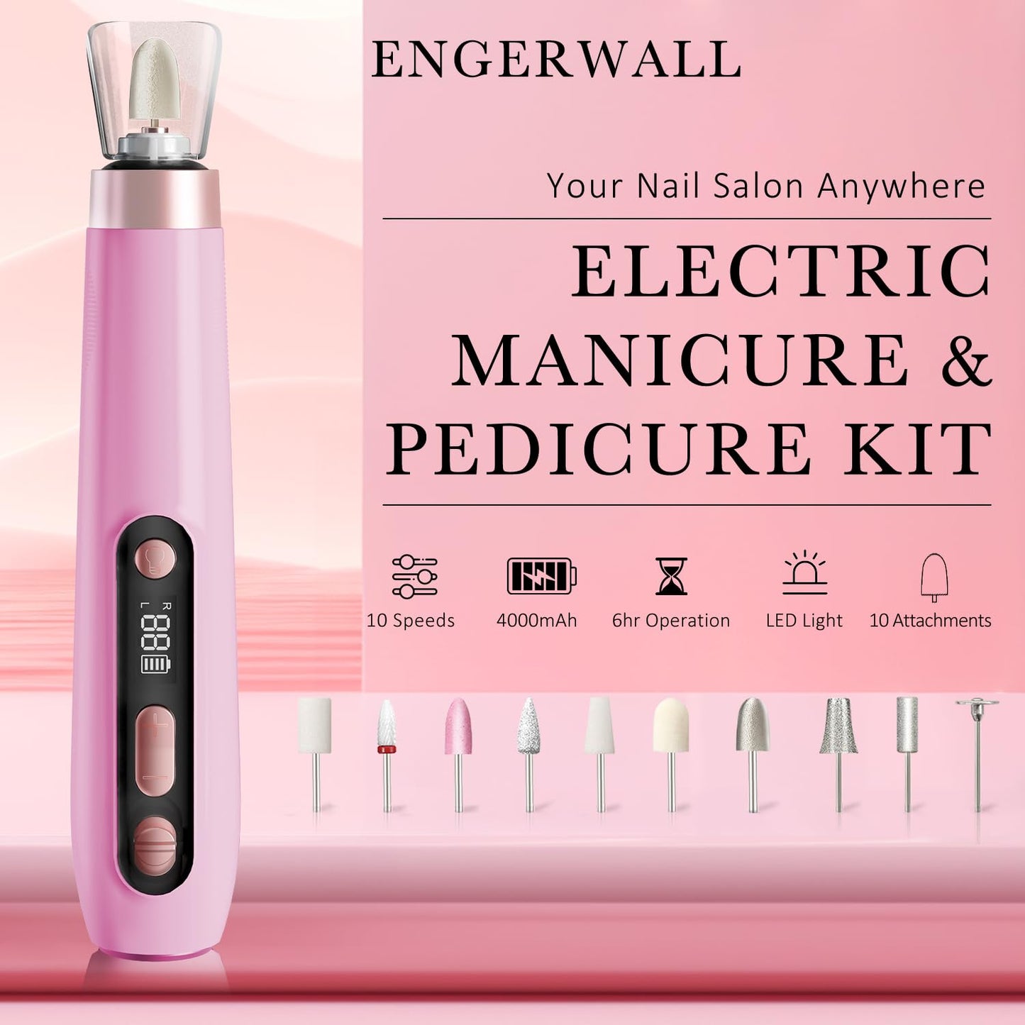 ENGERWALL Professional Manicure Pedicure Kit, Electric Nail File Set, Portable Cordless Electric Nail Drill Machine, 10 Speeds N