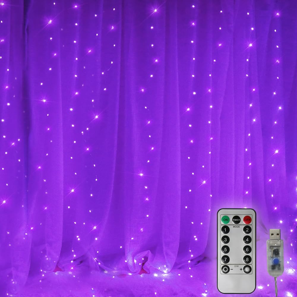 Vicila Curtain String Lights, 300 LED Twinkle Lights, Remote Timer, USB Power, 8 Modes, 9.8ft x 9.8ft, Purple, Model CCL