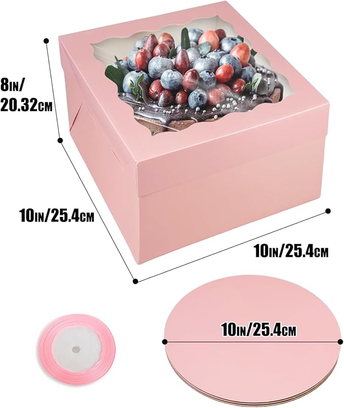 qiqee Pink 10x10x8 Cake Box, 4 Sets Cake Box with Window ＆ 4 Sets 10" Cake Round Boards, 10inch Cake Containers, 10 Meters Pink Silk Ribbon Includes