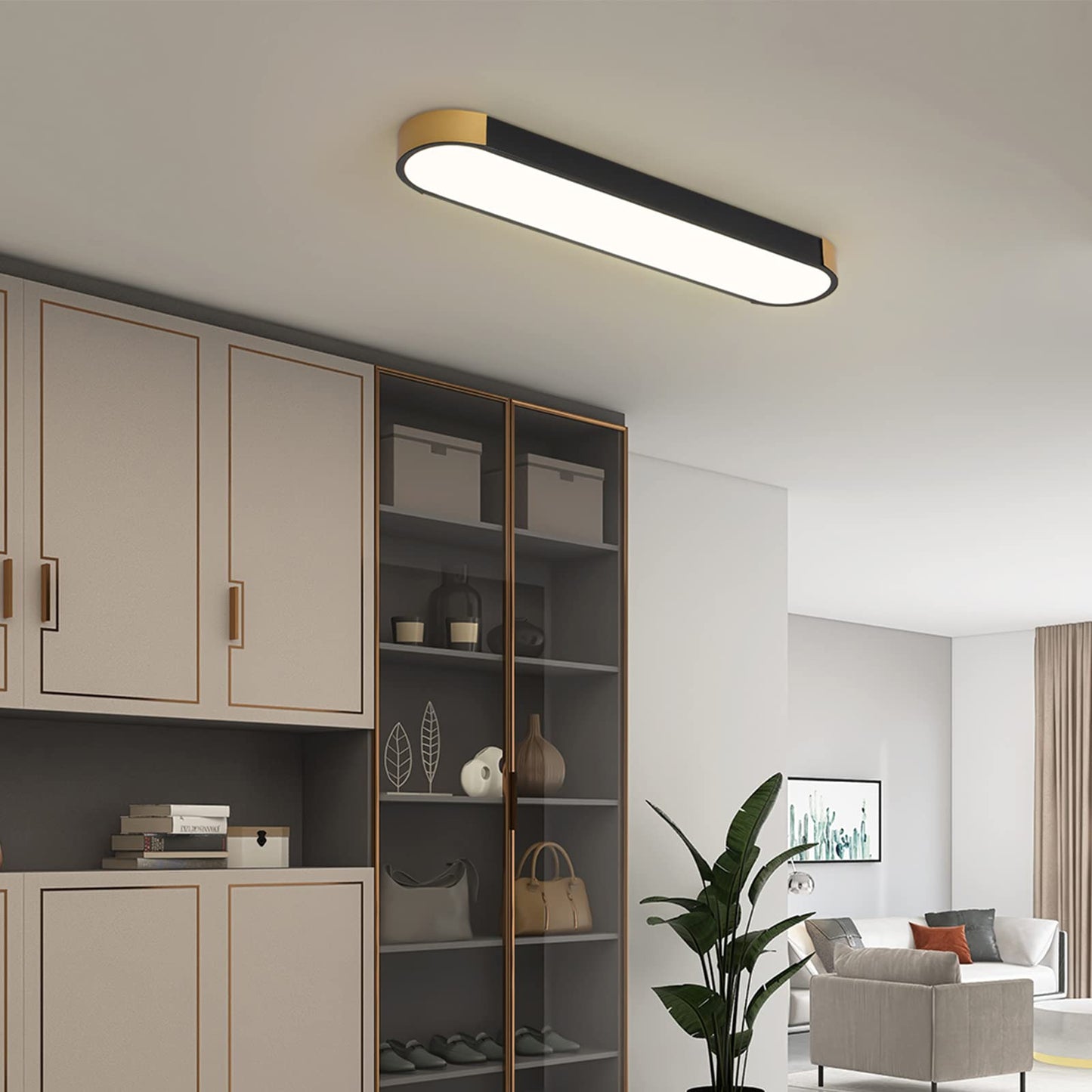 Tioolo Dimmable LED Ceiling Light Linear Fixture 2.3FT 36W Remote Control Black Gold Model YN9YH2119-TG