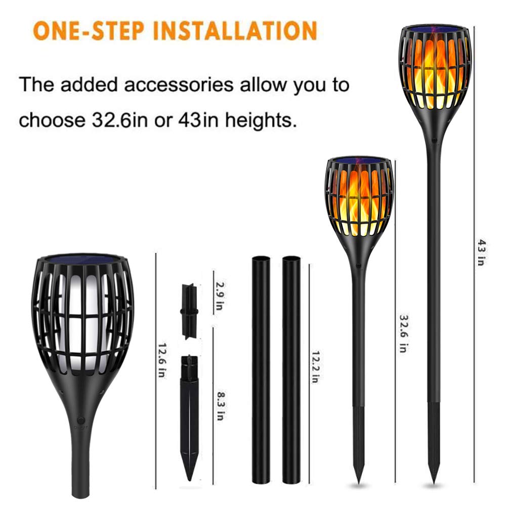 Ollivage Solar Torch Lights, Waterproof Flickering Flames, 43 Outdoor Decoration, Black, Dusk To Dawn Auto On/Off, 1 Pack
