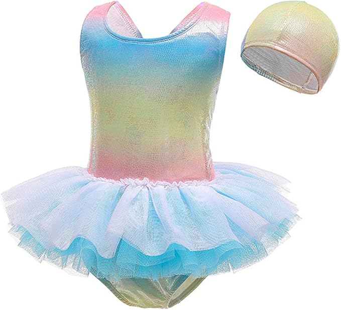 Girls One-Piece Rainbow Swimsuits Toddler Kids Mermaid Fishscale Bathing Suits Outdoors Jumpsuit Swimwear with Cap