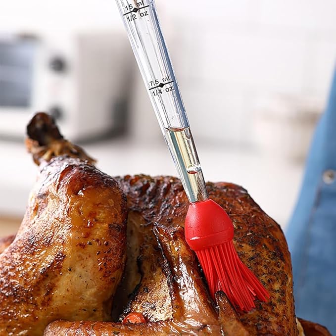 Turkey Baster Syringe Large, Long Meat Basters for Cooking & Basting, Plastic Turkey Baster with Marinade Injector Needle, Silicone Bulb & Basting Brush and Cleaning Brush, Red 3/4 oz