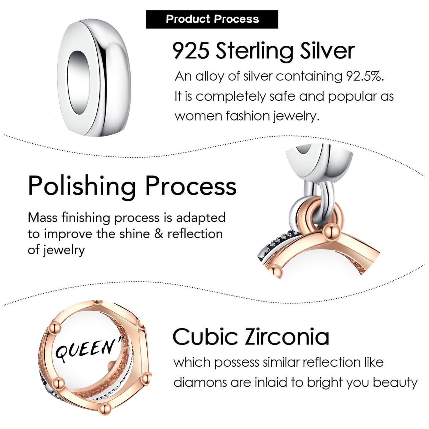 VALGACLS Queen and Regal Crown Charms Rose Gold Charm 925 Sterling Silver Queen Charm for Bracelets Necklace