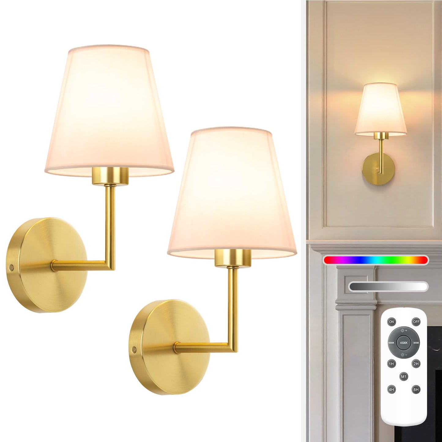 NIORSUN Wall Sconce Set of 2, 13.8 inch Gold Battery Operated Lights, Dimmable Detachable Bulbs, Remote, Model SW022