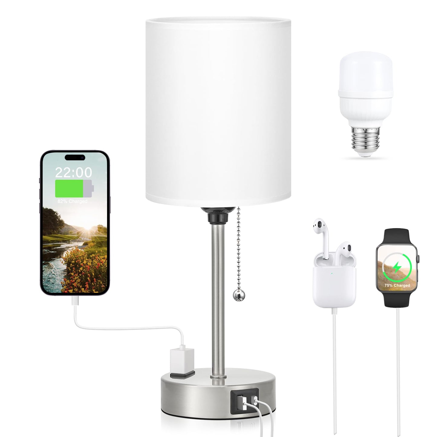 Dicoool Bedside Lamp - 3 Color Temperatures, USB C & A Ports, Silver Metal Base, 14.6in, White-Silver, Model 15-12