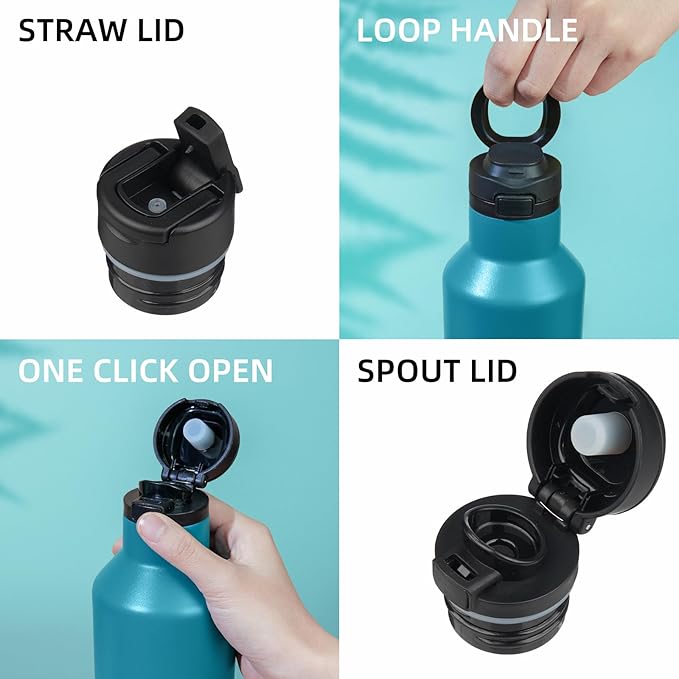 BJPKPK Insulated Water Bottle With Straw 17oz Stainless Steel Water Bottles With 2 Lids And Carry Handle Reusable Travel Metal Thermal Flask,Lake Blue