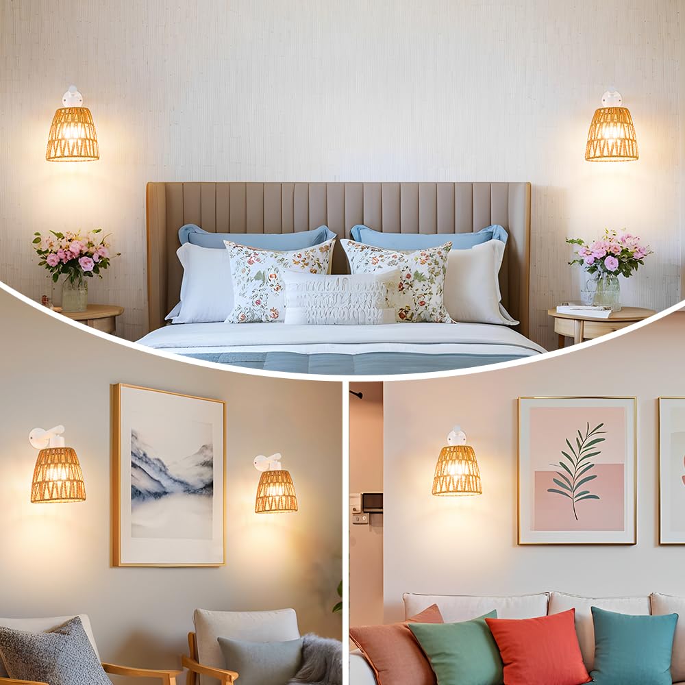 Battery Operated Wall Sconce Set Of 2  Boho Usb Rechargeable Wall Lamp  White Farmhouse Rattan Sconce Lighting With Remote  Rgb 15 Colors Modes Rechargeable Wall Lights For Bedroom Livingroom Hallway