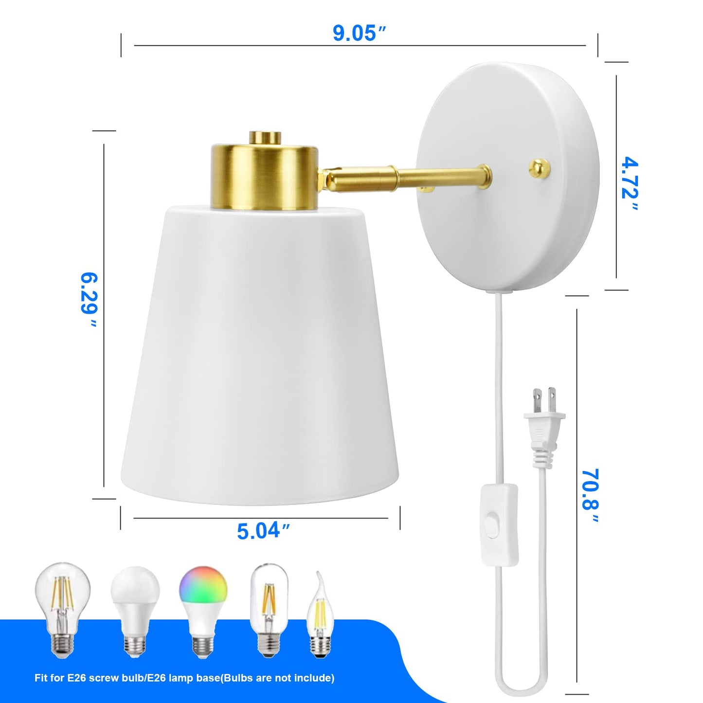Yollzey Plug in Wall Sconces, Rotatable White Metal Vintage Light, 2 Pack
