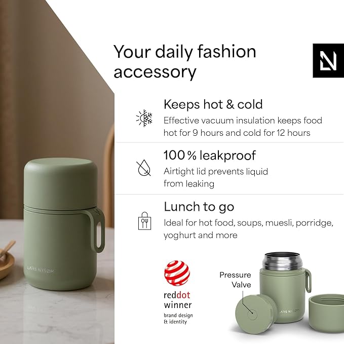 LARS NYSØM Stainless Steel Vacuum Insulated Food Jar - Leakproof Lunch Pot & Lunch Jar for Hot and Cold Food, Wide Mouth, Portable Soup Container for Work & Travel (Sage Green, 17oz)
