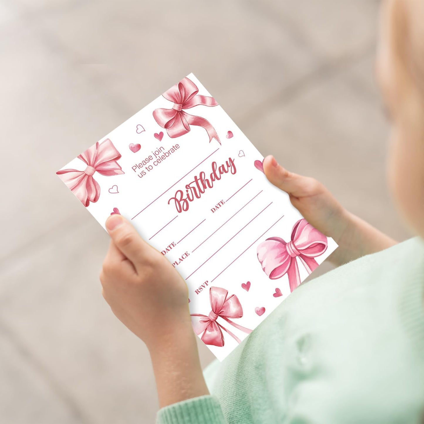 Pink Bow Birthday Invitations, Cute Bow Party Invitations, 20 Double-Sided Fill In Invitation with Envelopes for Boys Girls, Birthday Party Decorations Favor