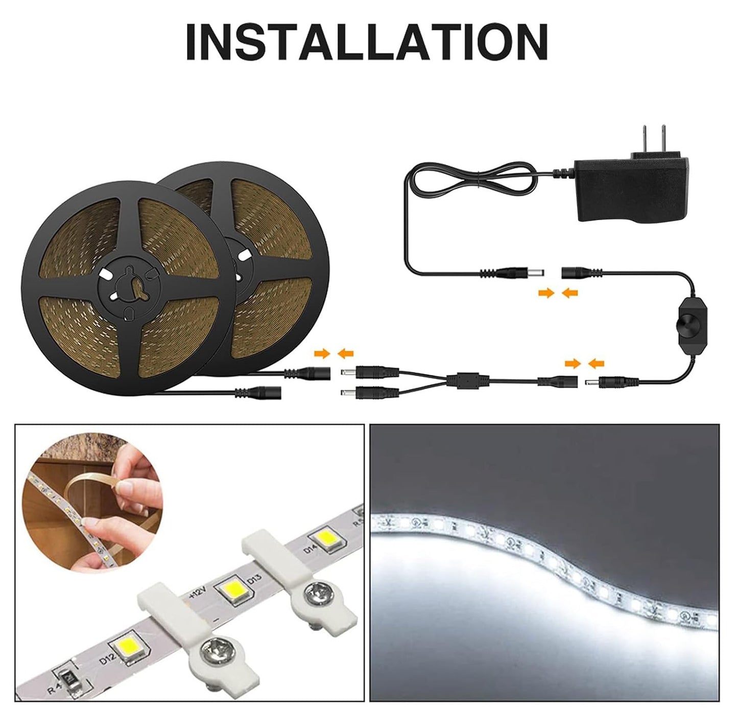 Onforu Led Strip Lights, 32.8Ft Dimmable Daylight White Tape Light Kit, 600 Leds, Flexible 12V Lighting For Home And Bedroom