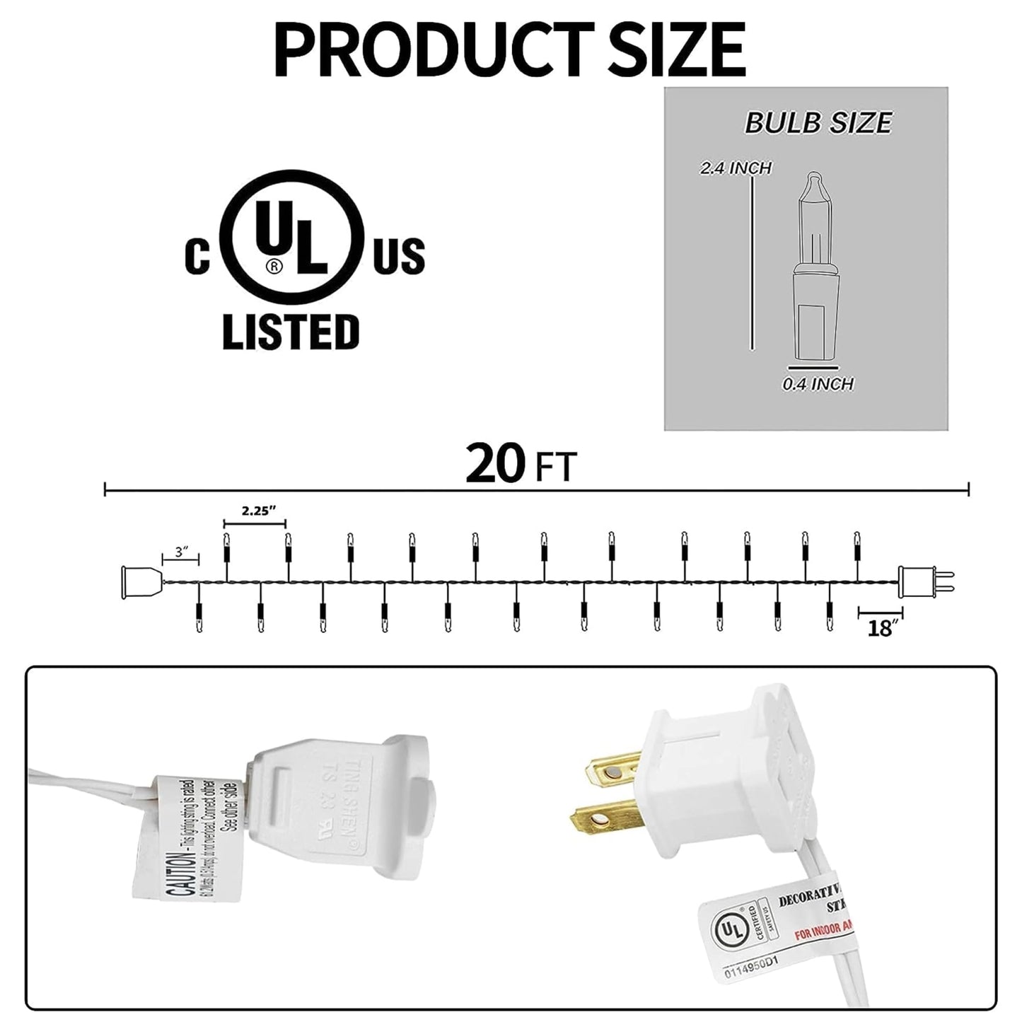 TW SHINE Christmas Lights, 20FT 100 Count, Warm White Incandescent, Waterproof, Model ZF-100-2/SB