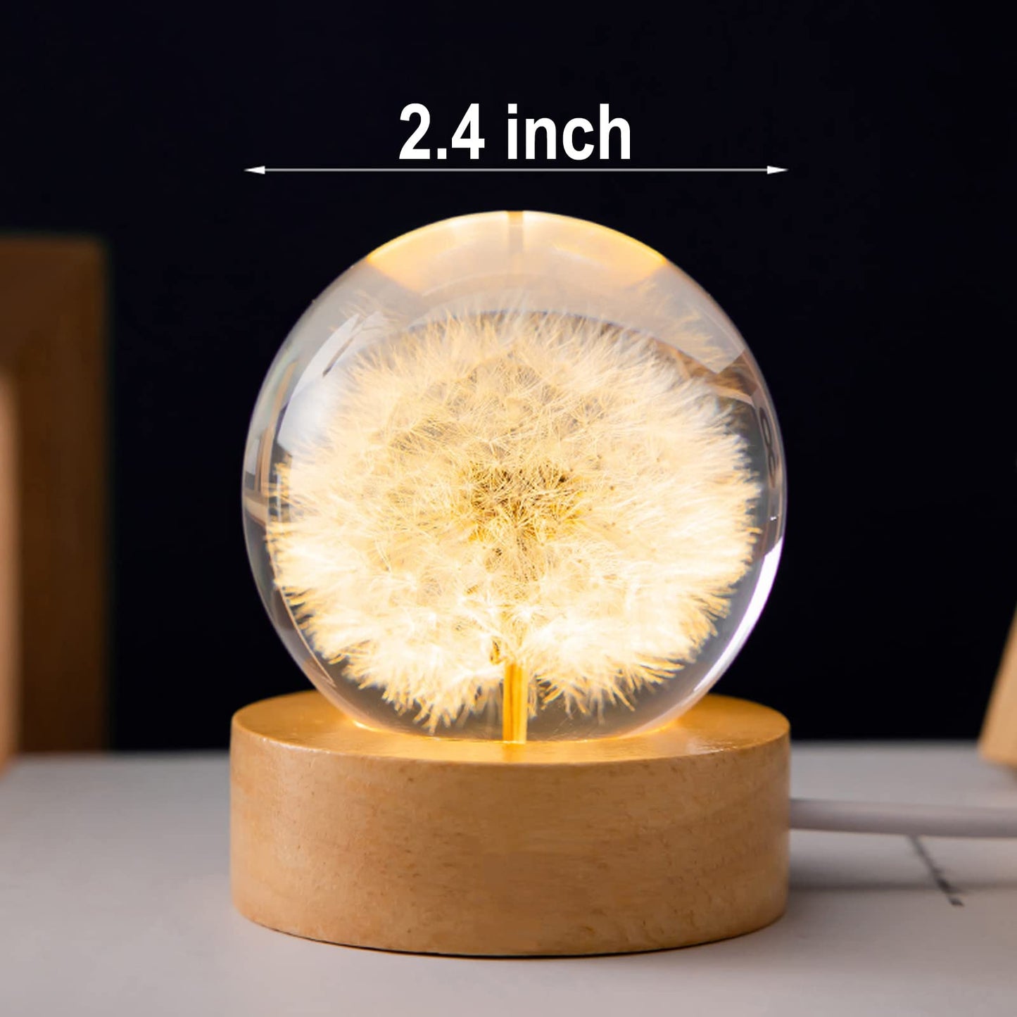 MARZIUS Flower Crystal Ball Night Light, 2.4in Glass Lamp with Wooden Base, Dandelion 2, Model CB320
