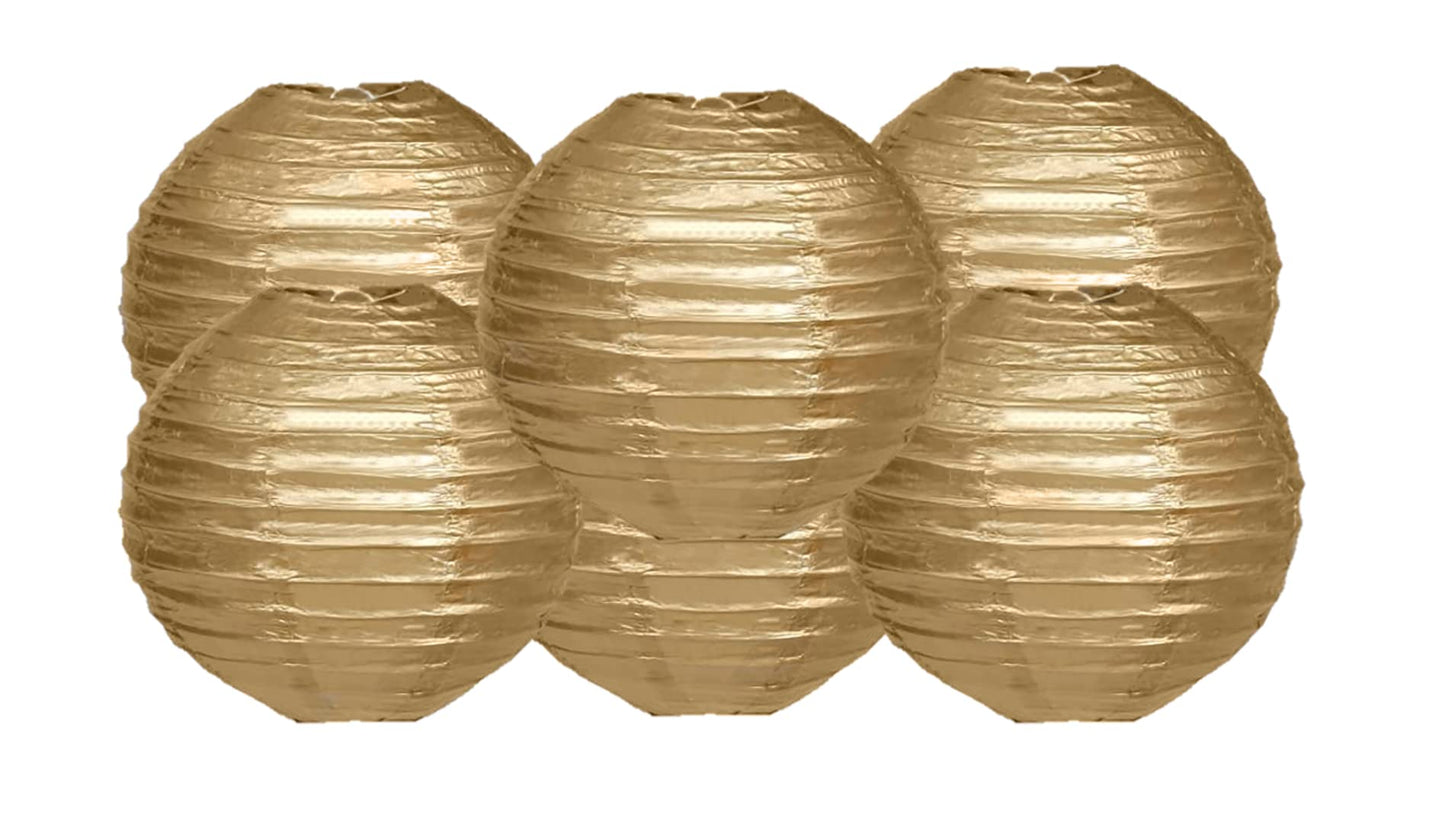 Matissa Pack Of 6 Round Paper Lanterns, 8/20Cm, Gold Party Decorations, Model 6Ln