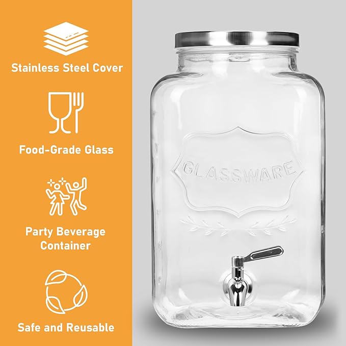 Moretoes Glass Drinks Dispenser for Parties, 2 Gallon Beverage Dispenser with Stand for Juice and Iced Tea, Water Jug Dispenser for Lemonade, Party Essential Beverage Pitcher with Spout