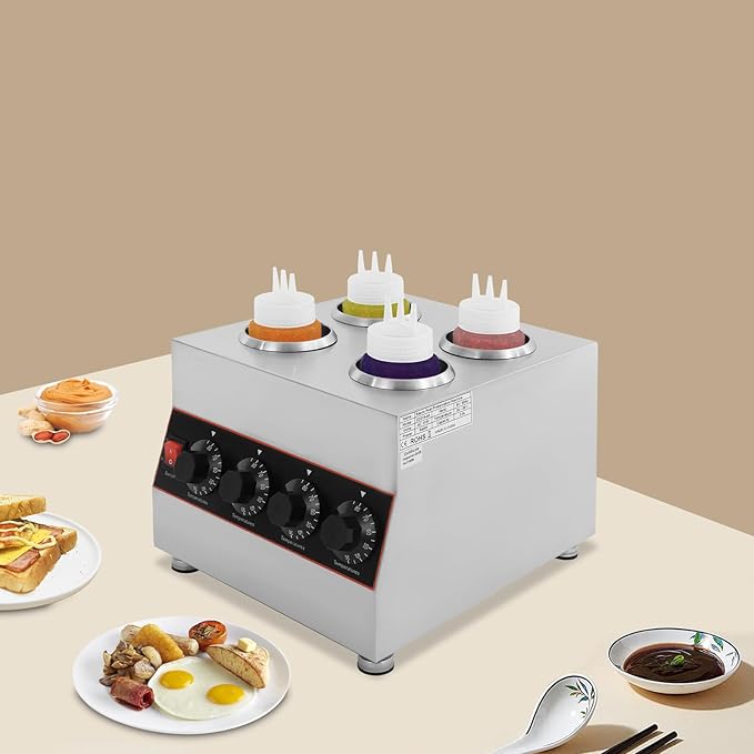 Electric Sauce Warmer Dispenser, Countertop Stainless Steel Sauce Heat Preservation Machine, Hot Fudge Nacho Cheese Ketchup Warmer for Commercial, with 650ml Squeeze Bottle*2