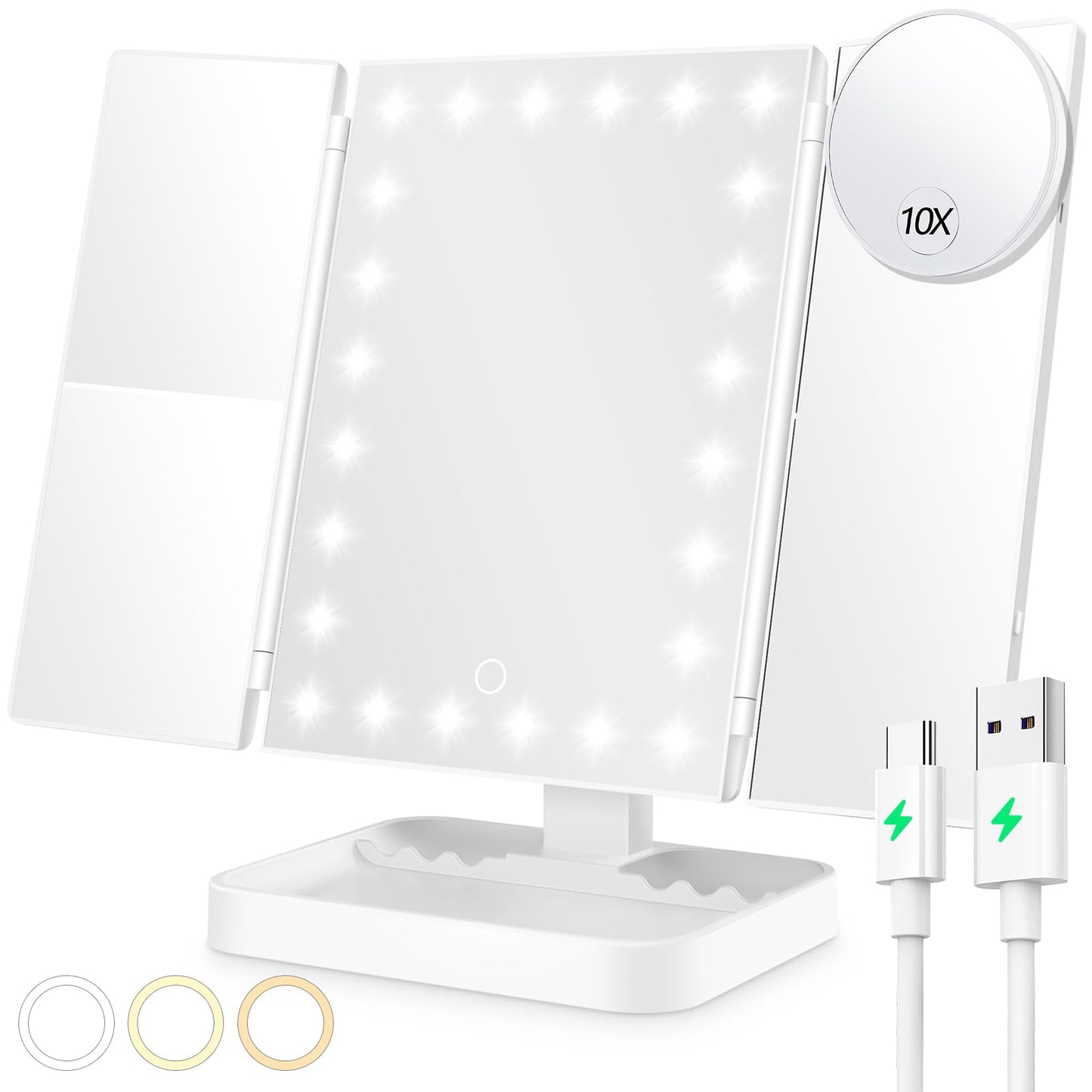 NIKKOMON Wireless Rechargeable Lighted Makeup Mirror with 3 Color Lighting, 2000mAh Rechargeable Battery, 10x 3X 2X Magnificatio
