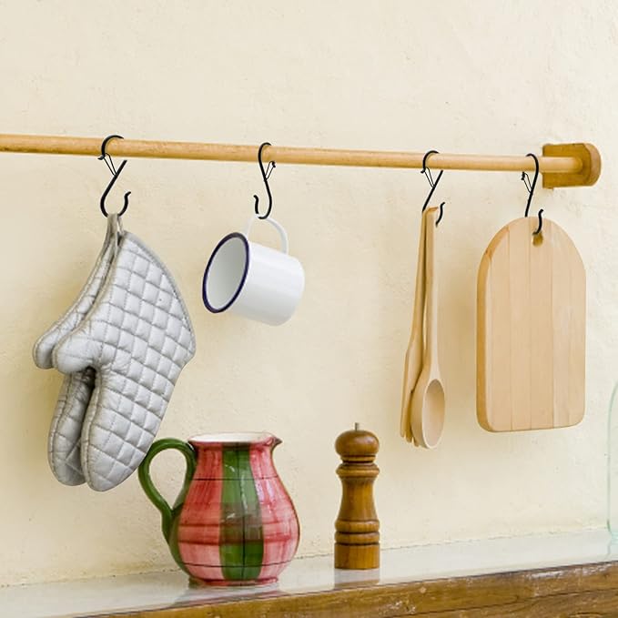 10 Pack S Hooks for Hanging, 3.5 Inch S Hooks Heavy Duty for Hanging Clothes Plants Black S Shaped Hooks with Safety Buckle Pot Rack Closet Hooks for Kitchen Utensil, Pots