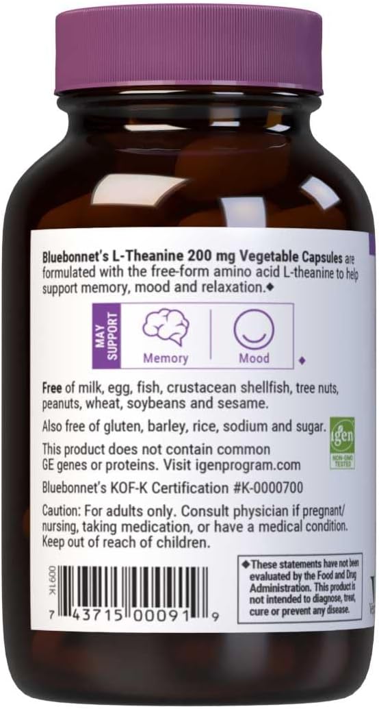 Bluebonnet Nutrition L-Theanine 200mg, Free-Form Amino Acid, Promotes Relaxation*, Soy-Free, Gluten-Free, Non-GMO, Kosher Certified, Vegan, 60 Vegetable Capsules, 60 Servings