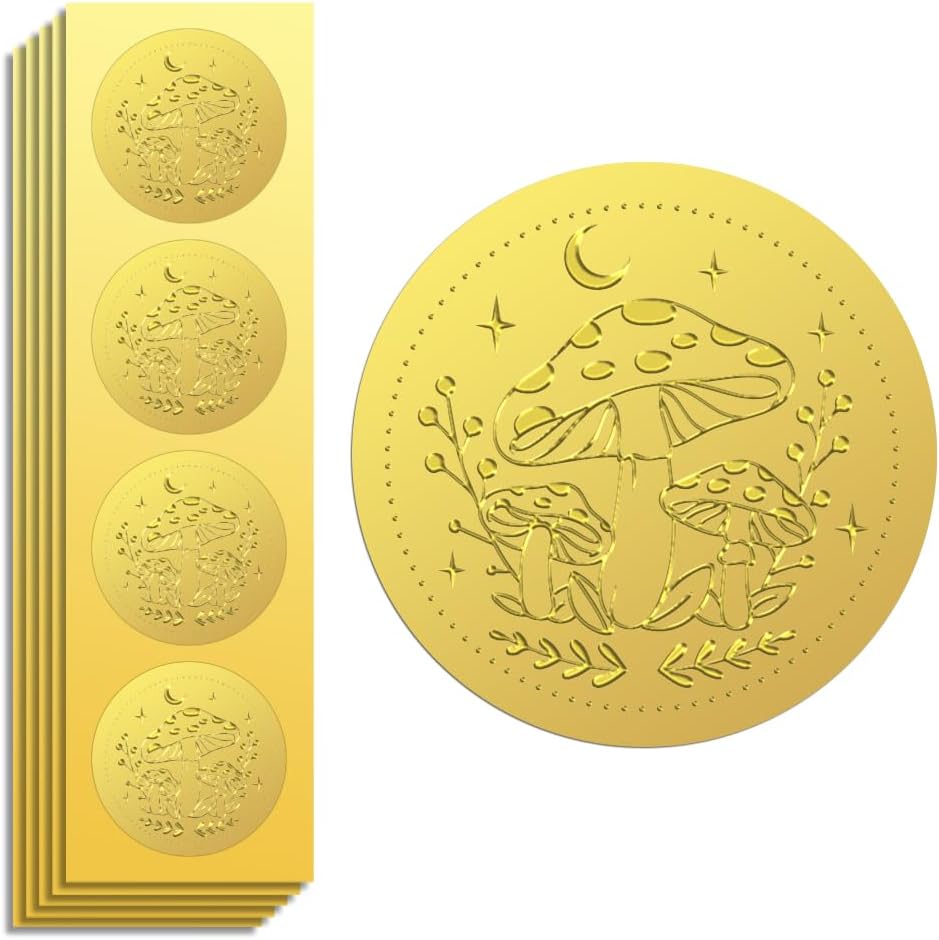 Peacoblue Gold Foil Sticker Seal Embossed 2 Inch 100Pcs Mushroom and Moon, Self Adhesive Gold Around Embossing Sticker for Invitation Certificate Envelope Seal Gift Card Decoration