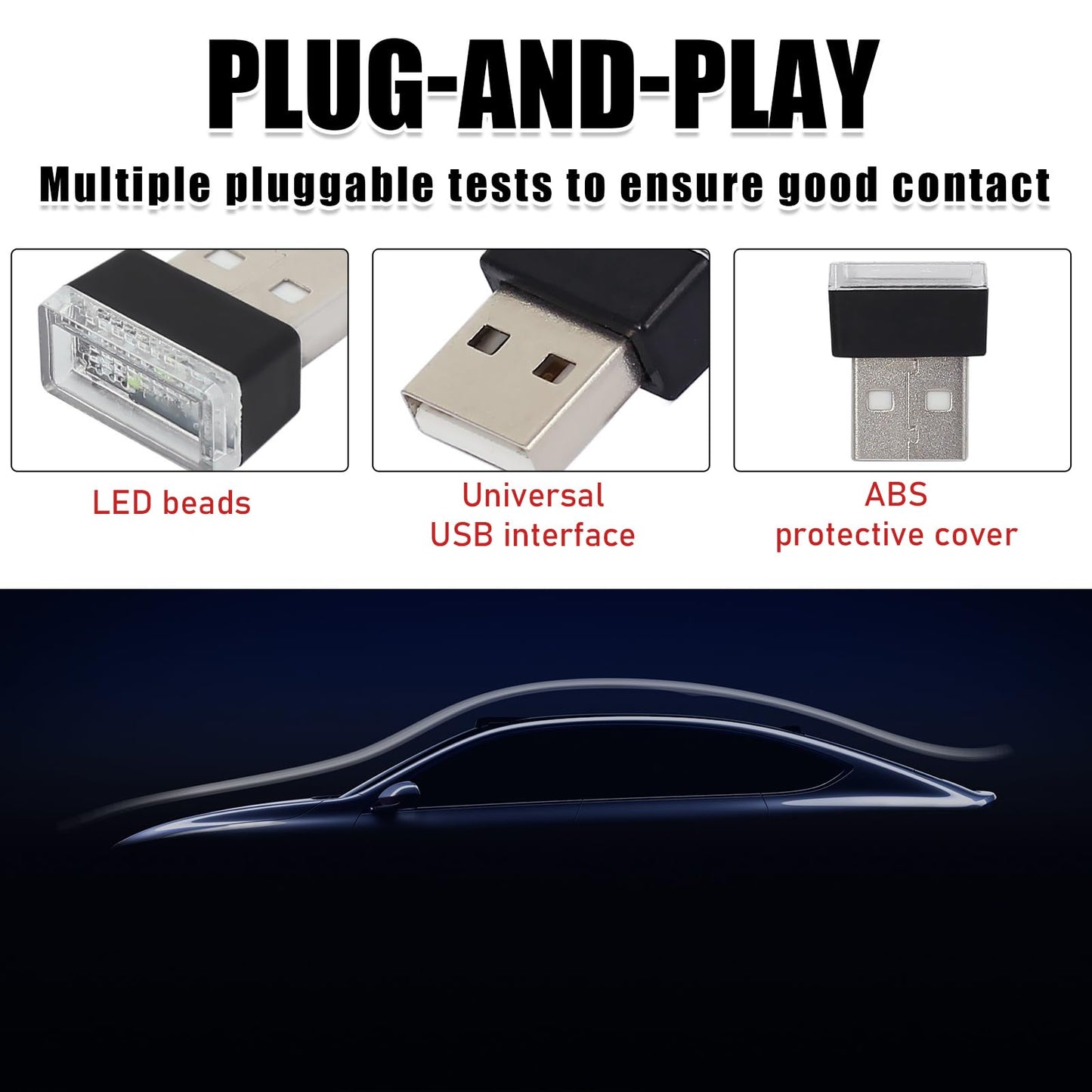 Sylvil 2 Pcs Usb Led Car Interior Atmosphere Lamp  Portable Mini Led Night Light  Plug-In Usb Interface Trunk Ambient Lighting Kit  Universal Interior Car Accessories (Red)