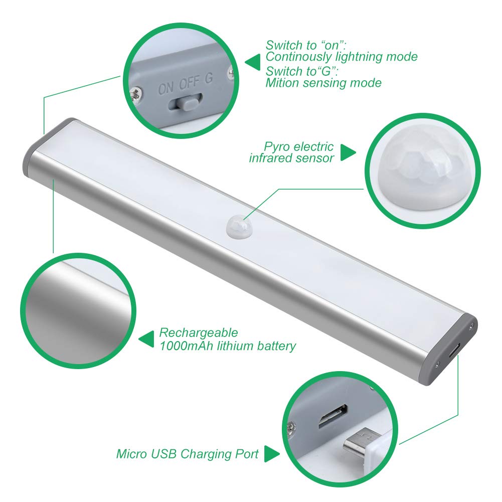 LEPOTEC LED Under Cabinet Lighting Wireless Rechargeable Motion Sensor 10LED Silver-Warm White Light Model WW10-3 (3 Pack)